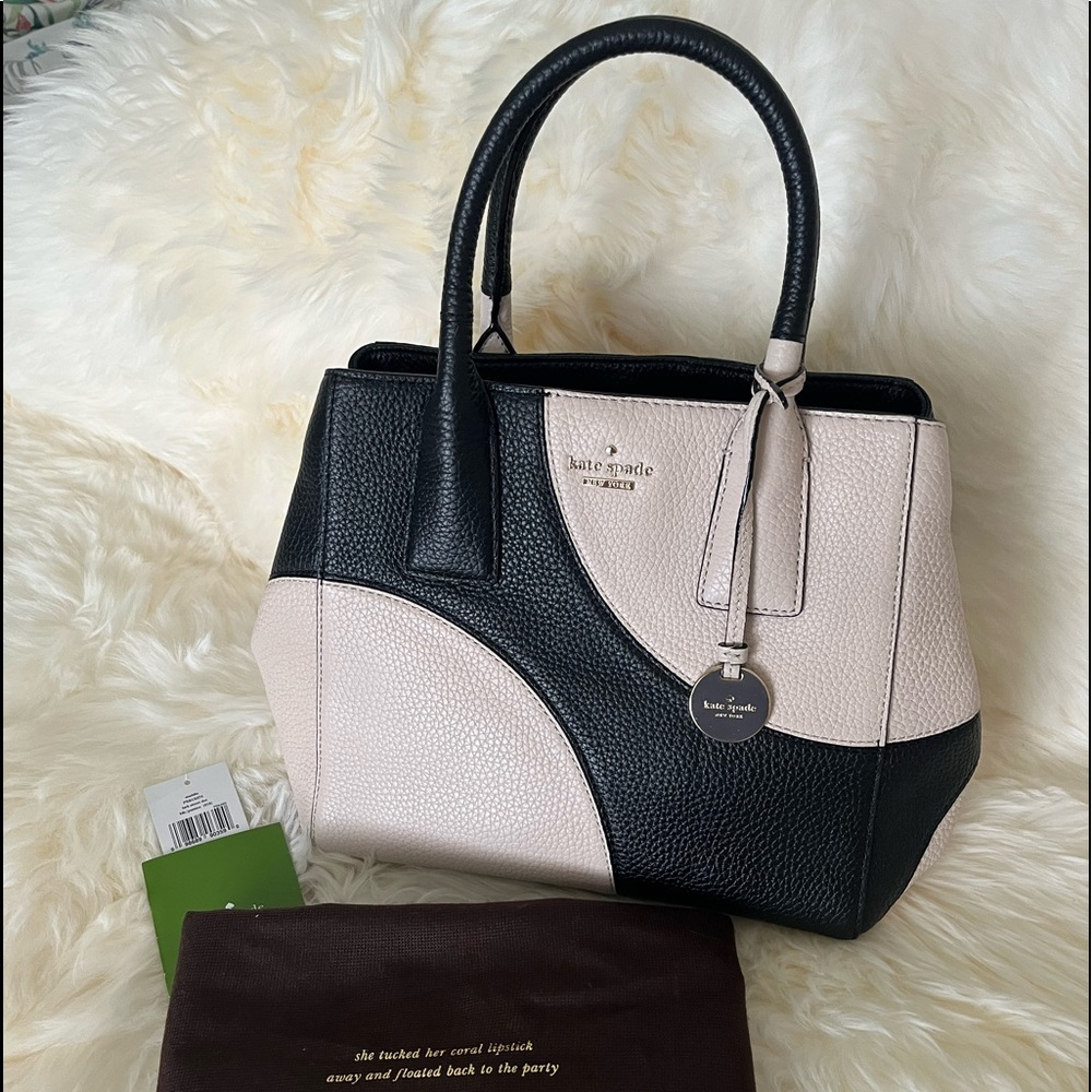 Kate Spade Black/Taupe Pebble Leather w/removable crossbody strap.